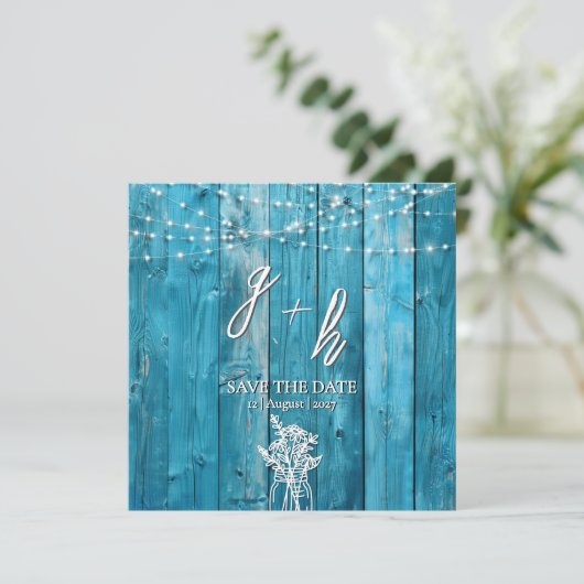 Blue Rustic Wood String Lights Chic Save the Dates (Staand voorkant)