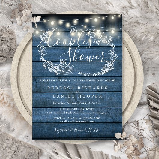 Blue Rustic Wood String Lights Couples Shower Kaart