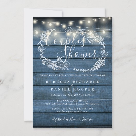Blue Rustic Wood String Lights Couples Shower Kaart (Voorkant)