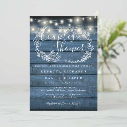 Blue Rustic Wood String Lights Couples Shower Kaart (Staand voorkant)