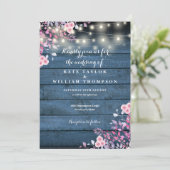 Blue Rustic Wood String Lights Floral Wedding Kaart (Staand voorkant)