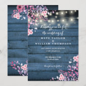 Blue Rustic Wood String Lights Floral Wedding Kaart (Voorkant / Achterkant)