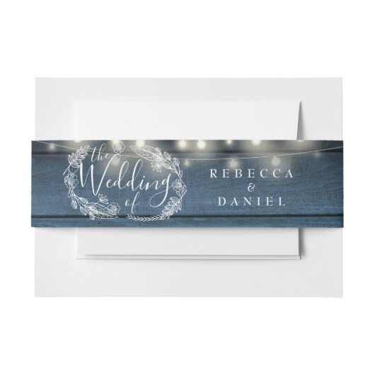 Blue Rustic Wood String Lights Floral Wedding Uitnodigingen Wikkel (Voorkant Voorbeeld)