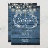 Blue Rustic Wood String Lights Foliage Baptisme Kaart (Voorkant / Achterkant)