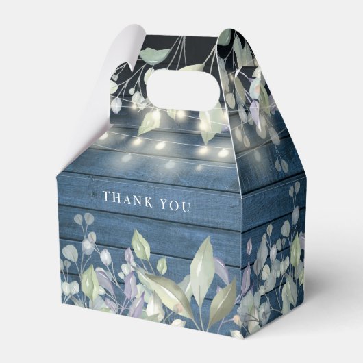 Blue Rustic Wood String Lights Foliage Wedding Bedankdoosjes (Achterkant)