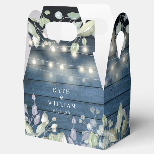 Blue Rustic Wood String Lights Foliage Wedding Bedankdoosjes (Geopend)