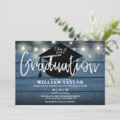Blue Rustic Wood String Lights Graduparty Kaart (Staand voorkant)