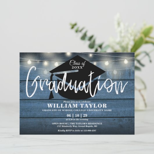 Blue Rustic Wood String Lights Graduparty Kaart (Staand voorkant)