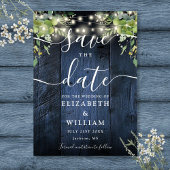 Blue Rustic Wood String Lights Greenery Wedding Save The Date