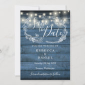 Blue Rustic Wood String Lights Handgetekende Flora Save The Date (Voorkant)
