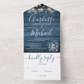 Blue Rustic Wood String Lights Mason Jars Wedding All In One Uitnodiging (Binnen)