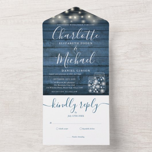 Blue Rustic Wood String Lights Mason Jars Wedding All In One Uitnodiging (Binnen)