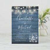 Blue Rustic Wood String Lights Mason Jars Wedding Kaart (Staand voorkant)