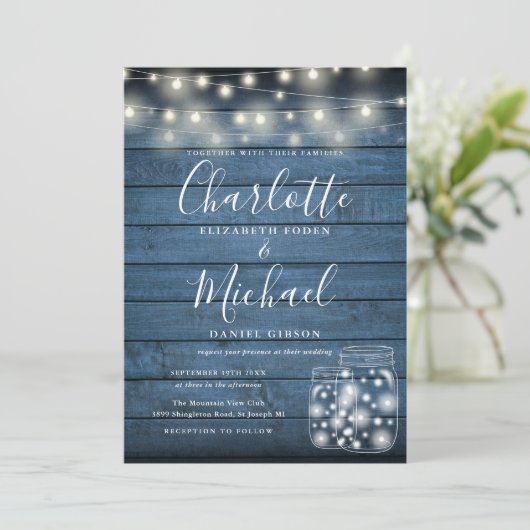 Blue Rustic Wood String Lights Mason Jars Wedding Kaart (Staand voorkant)