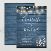 Blue Rustic Wood String Lights Mason Jars Wedding Kaart (Voorkant / Achterkant)