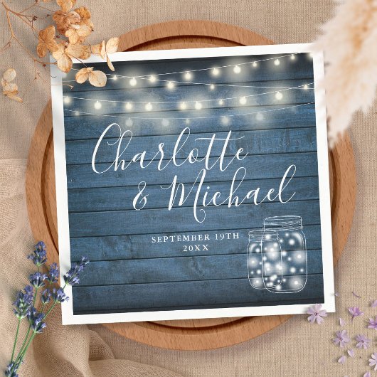 Blue Rustic Wood String Lights Mason Jars Wedding Servet