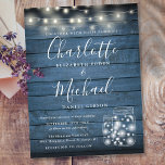 Blue Rustic Wood String Lights Mason Jars Wedding Uitnodiging Briefkaart<br><div class="desc">Een stijlvol briefkaart voor een trouwe bruiloft met  snaarlichten,  moeraspotten,  tekenstijlnamen en een tulptische typografie op een blauwe rustige houten achtergrond. Ontworpen door: Thisnotme©</div>