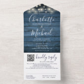 Blue Rustic Wood String Lights QR Code Weddenschap All In One Uitnodiging (Binnen)