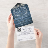 Blue Rustic Wood String Lights QR Code Weddenschap All In One Uitnodiging (Afscheurbaar)