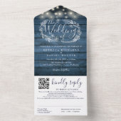 Blue Rustic Wood String Lights QR Code Weddenschap All In One Uitnodiging (Binnen)