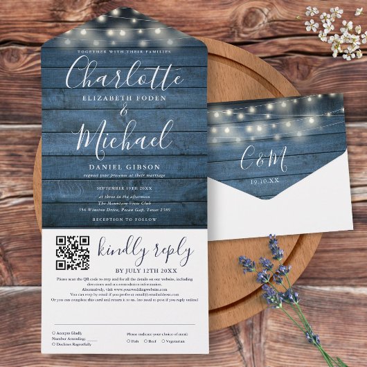 Blue Rustic Wood String Lights QR Code Weddenschap All In One Uitnodiging