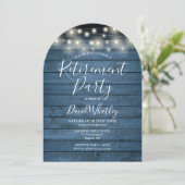 Blue Rustic Wood String Lights Retirement Party Kaart (Staand voorkant)