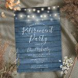 Blue Rustic Wood String Lights Retirement Party Kaart<br><div class="desc">Deze stijlvolle uitnodiging van de aftredingspartij kan worden gepersonaliseerd met uw speciale gebeurtenisinformatie,  met tekenreekslichten op een blauwe,  rustige achtergrond van houten panelen. Ontworpen door: Thisnotme©</div>