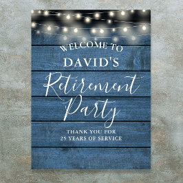 Blue Rustic Wood String Lights Retirement Party Poster