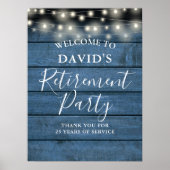 Blue Rustic Wood String Lights Retirement Party Poster (Voorkant)