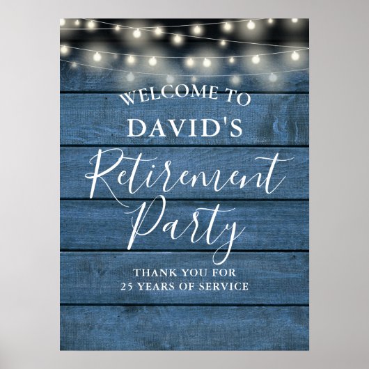 Blue Rustic Wood String Lights Retirement Party Poster (Voorkant)