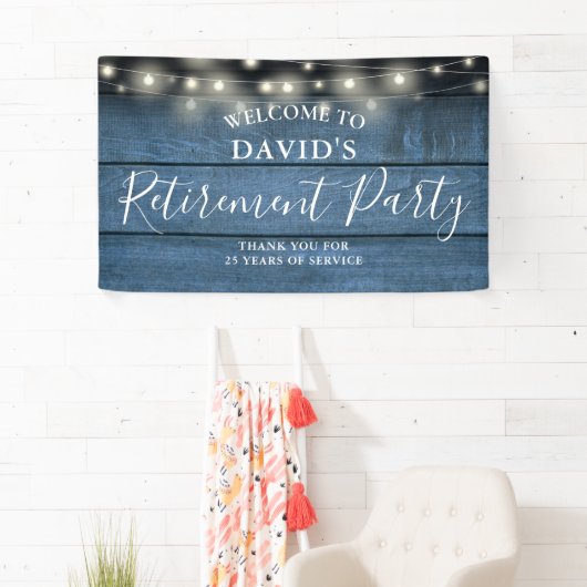 Blue Rustic Wood String Lights Retirement Party Spandoek (Insitu)