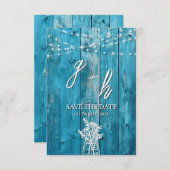 Blue Rustic Wood String Lights Save the Dates Save The Date (Voorkant / Achterkant)