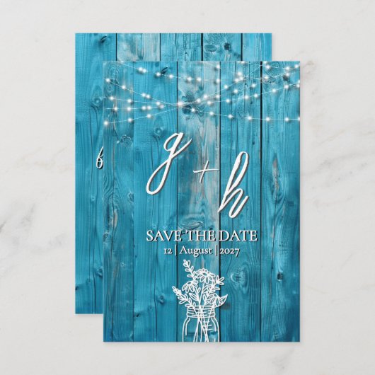 Blue Rustic Wood String Lights Save the Dates Save The Date (Voorkant / Achterkant)