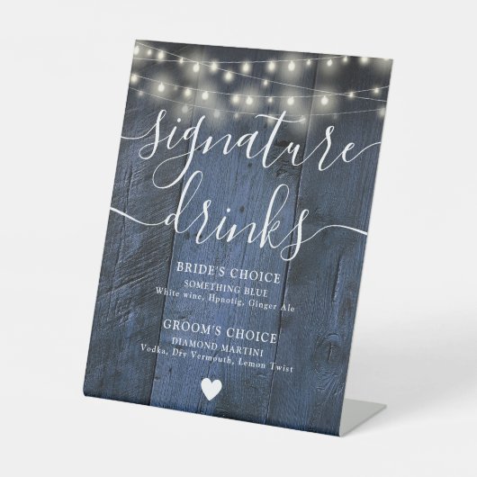 Blue Rustic Wood String Lights Signature Drinken Reclamebord Met Voetstuk (Voorkant)