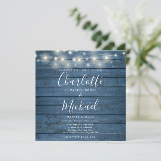 Blue Rustic Wood String Lights Weddenfoto Kaart (Staand voorkant)