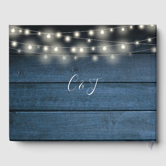 Blue Rustic Wood String Lights Weddenschap Gastenboek (Achterkant)