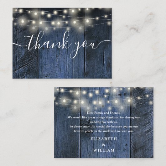 Blue Rustic Wood String Lights Wedding Dank je Plaatskaartje (Voorkant / Achterkant)