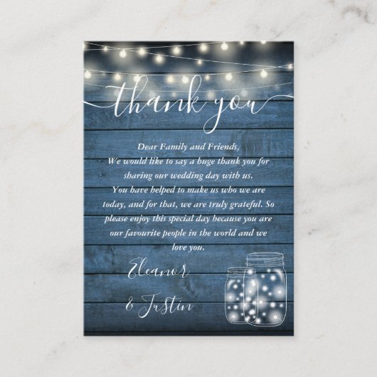 Blue Rustic Wood String Lights Wedding Dank je Plaatskaartje (Voorkant)