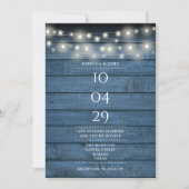 Blue Rustic Wood String Lights Wedding Date Kaart (Voorkant)