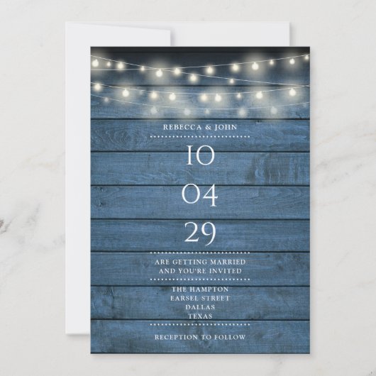 Blue Rustic Wood String Lights Wedding Date Kaart (Voorkant)