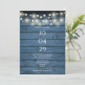 Blue Rustic Wood String Lights Wedding Date Kaart (Staand voorkant)