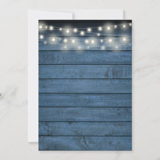 Blue Rustic Wood String Lights Wedding Date Kaart (Achterkant)