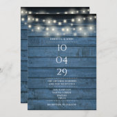 Blue Rustic Wood String Lights Wedding Date Kaart (Voorkant / Achterkant)