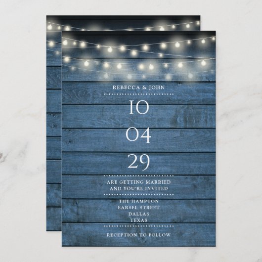 Blue Rustic Wood String Lights Wedding Date Kaart (Voorkant / Achterkant)