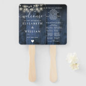 Blue Rustic Wood String Lights Wedding Programme Handwaaier (Voorkant en achterkant)