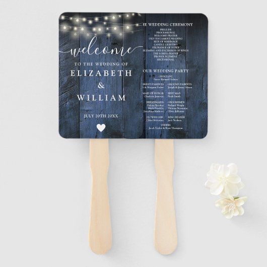 Blue Rustic Wood String Lights Wedding Programme Handwaaier (Voorkant en achterkant)