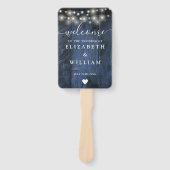 Blue Rustic Wood String Lights Wedding Programme Handwaaier (Voorkant)