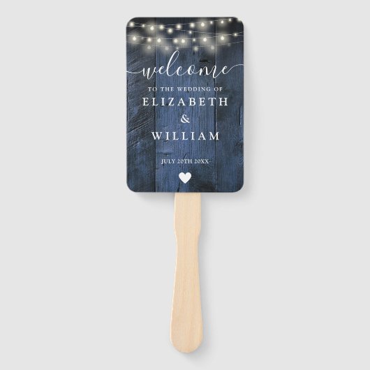 Blue Rustic Wood String Lights Wedding Programme Handwaaier (Voorkant)