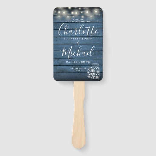 Blue Rustic Wood String Lights Wedding Programme Handwaaier (Voorkant)