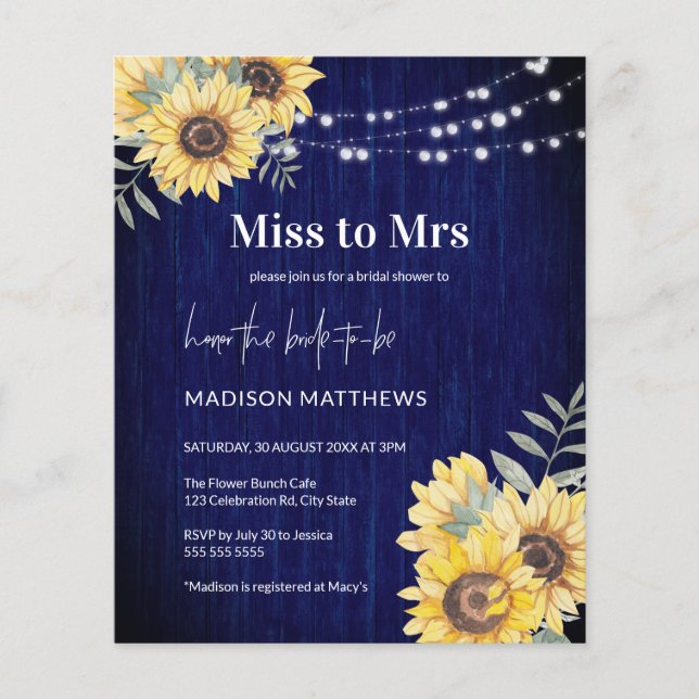 Blue Rustic Wood Sunflower Licht Miss aan Mrs. (Voorkant)